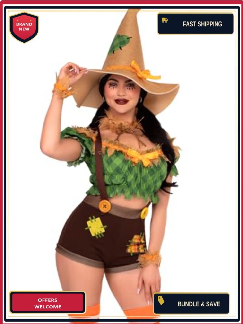 Leg Avenue Scarecrow Sweetie 5-PC Halloween Costume Top Shorts Hat Adult